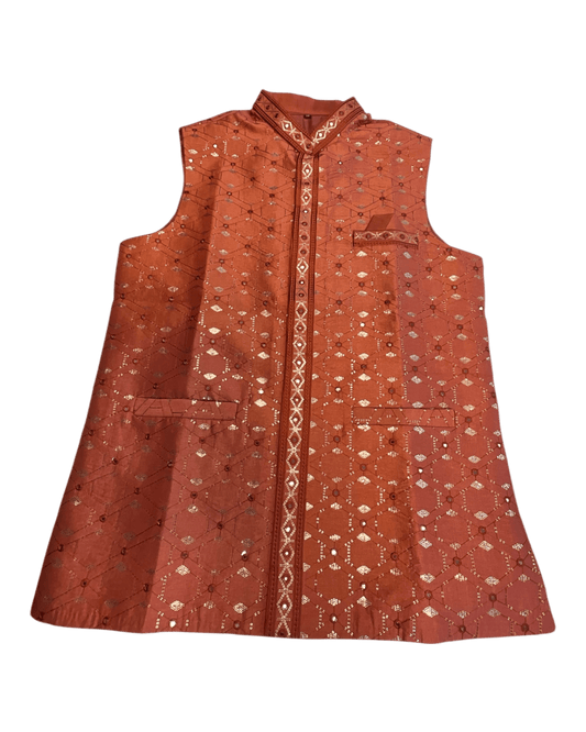 Orange - Mirror Work All Over Embroidered - Mens Indian Waistcoat - UK Stock - 24 hr Dispatch - KCS4782 03KP26 - Prachy Creations