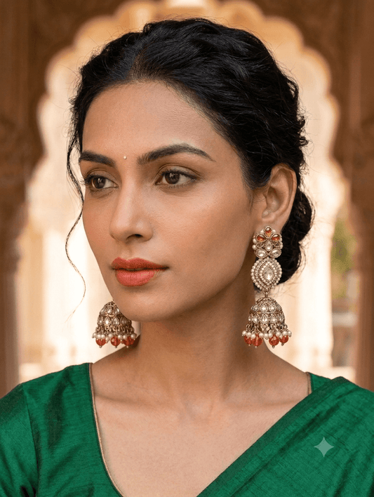 Orange & Pearl Tiered Jhumka Earrings - Bollywood - Weddings - 6JE135 09A26 - Prachy Creations