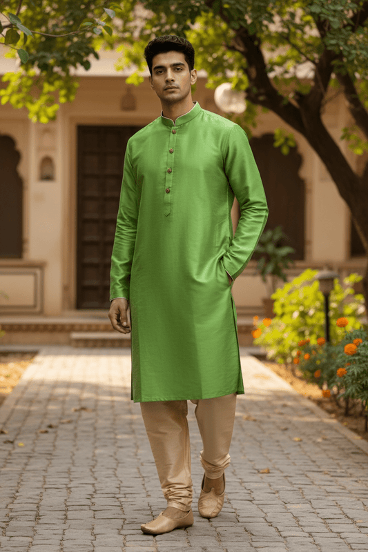 Parrot Green - Silky Mens Indian Kurta set - UK Stock - Ideal to Pair with a Waistcoat - VEE1095 KJ - Prachy Creations
