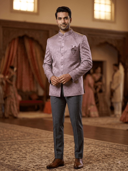 Pastel Lilac - PREMIUM Slim Fit Mens Self Brocade BandhGala / Prince / Chinese Collar Jacket with inside Waistcoat- Fantastic Fit - CS2505 03PY25 - Prachy Creations