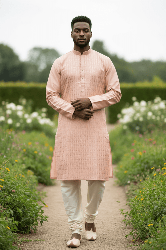 Pastel Peach - Rich Linen Mens Indian Kurta set - UK Stock - Weddings / Walimas , Sangeet, Diwali, Eid, Mehndi / Henna - NAD25719 KH - Prachy Creations
