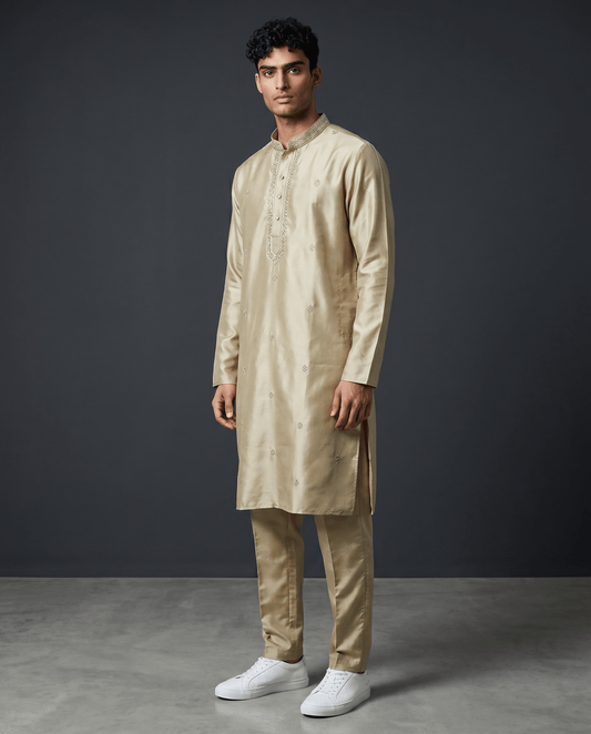 Pastel Pista Green - Soft Cotton Mens Kurta Set with Neck Thread Embroidery- Sangeet Mehendi Haldi - KCS1019 06KC26 - Prachy Creations