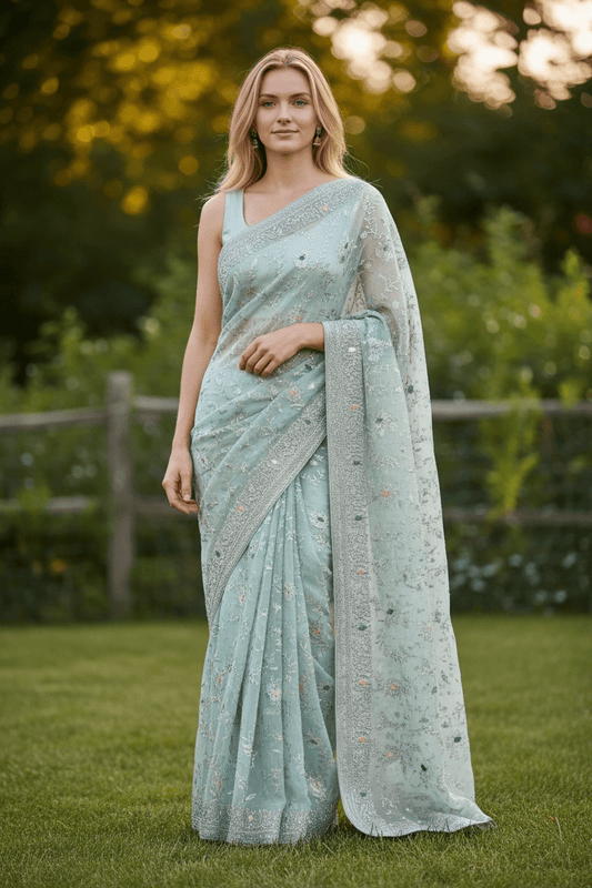 Pastel Sea Green - Fancy Embroidered Saree with Blouse Piece - UK stock - 24hr Dispatch - SP250613 VP - Prachy Creations