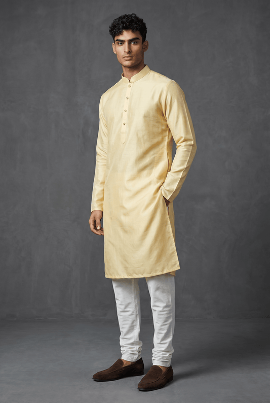 Pastel Yellow - Linen - Mens Indian Kurta set with Trousers - UK Stock - Weddings / Walimas , Sangeet, Diwali, Eid, Mehndi / Henna - VEE3004 KA - Prachy Creations