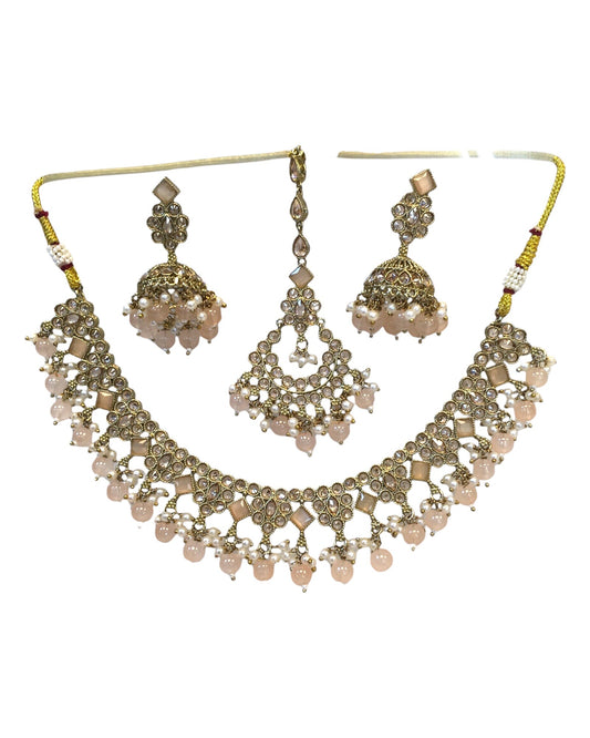 Peach - Antique Gold Finish Necklace & Earrings Set - Bollywood - Weddings - KAJ1035 11KK24 - Prachy Creations