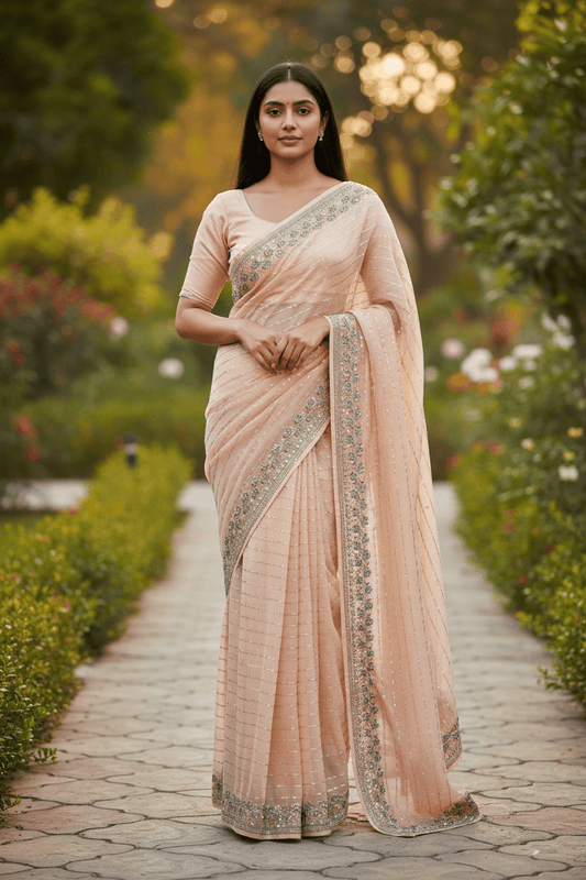 Peach - Chiffon -Fancy Party Saree with Blouse Piece - SP2408 11VT24 - Prachy Creations