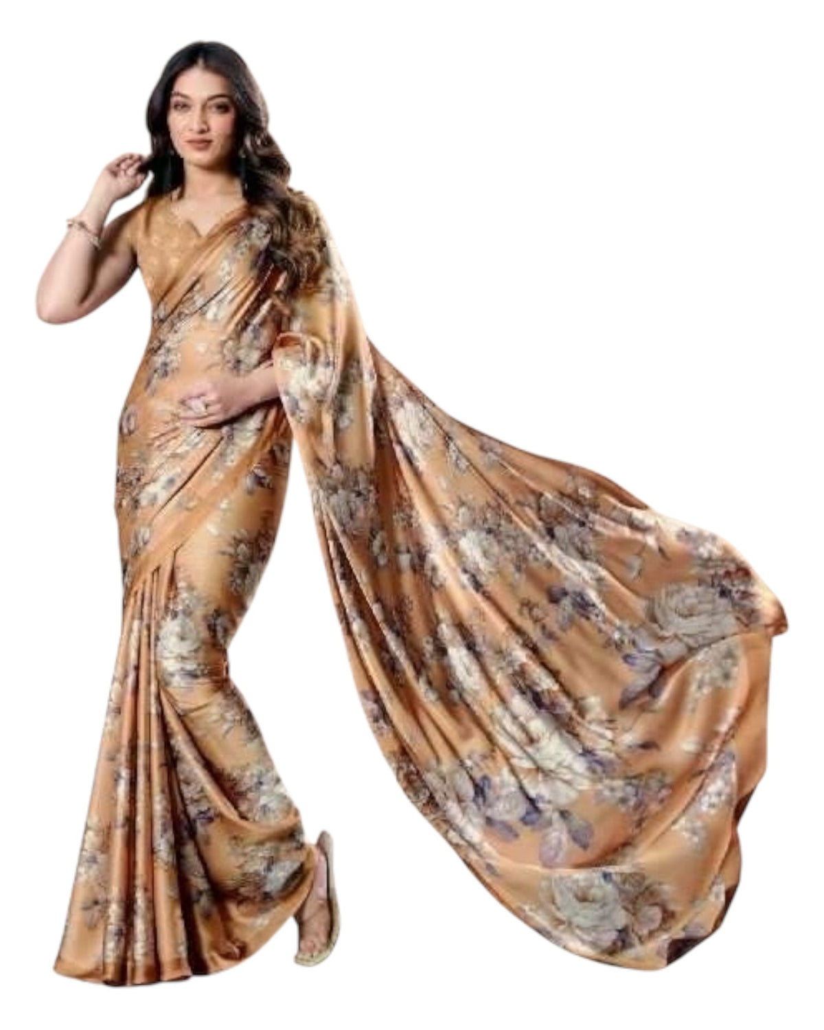 Peach - Floral Printed - Satin Finish Saree with Blouse Piece - SUSFEL19001D 10KJ25 - Prachy Creations