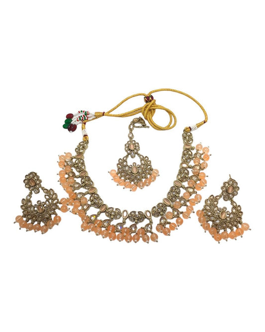 Peach - Large Antique Gold Finish Necklace set - Bollywood - Weddings - KAJ997 KP 0923 - Prachy Creations