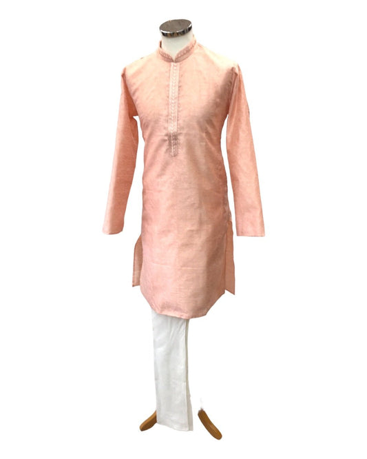 Peach - Silky Self Brocade Mens Kurta Set - Wedding Sangeet Mehendi Haldi - SHU2310 KT 0923 - Prachy Creations