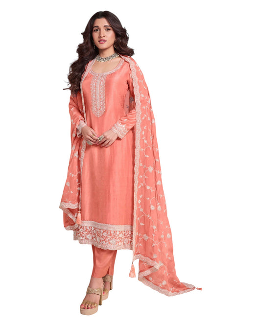 Peach - Simple / Classy Silky Ladies Indian Salwar Suit with Rich Dupatta - Available in Sizes 12 & 18 - VF69093 VR 0924 - Prachy Creations