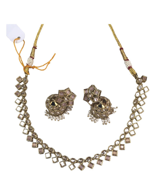 Peach - Small - Antique Gold Finish Necklace Set with Earrings - AE2405 C 0724 - Prachy Creations