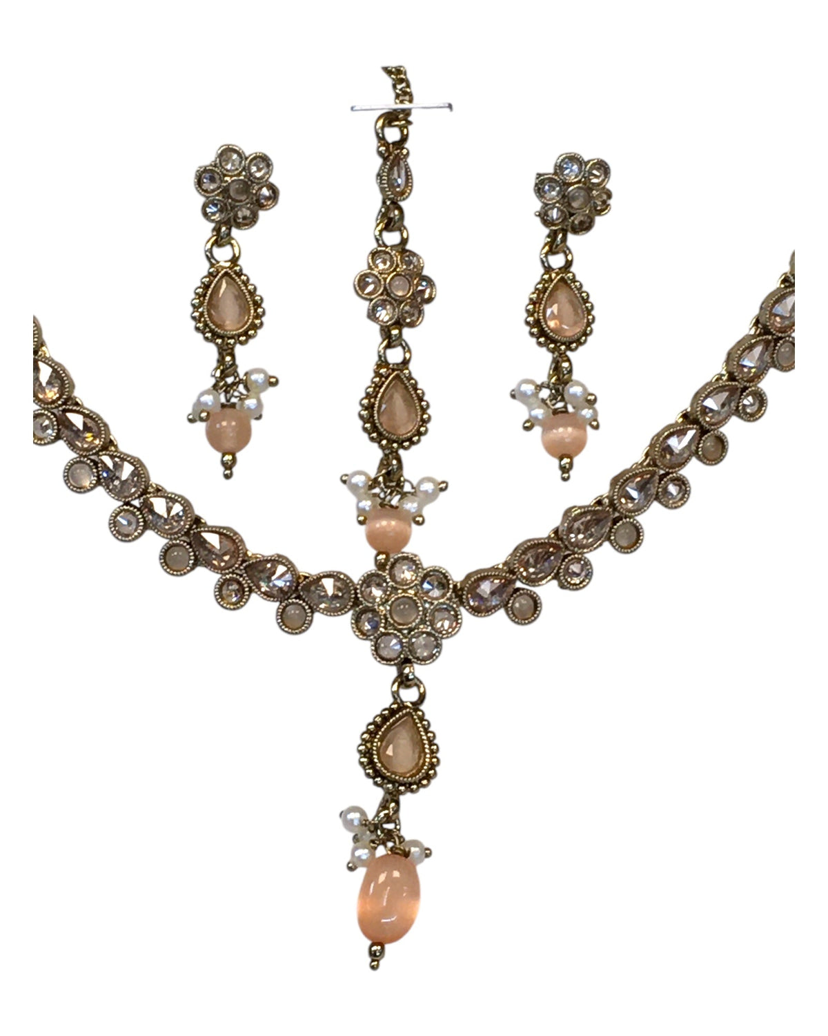 Peach - Small Size Antique Gold Finish Necklace Set with Earrings & Head Piece /Tika- SLV78 11Ap24 - Prachy Creations