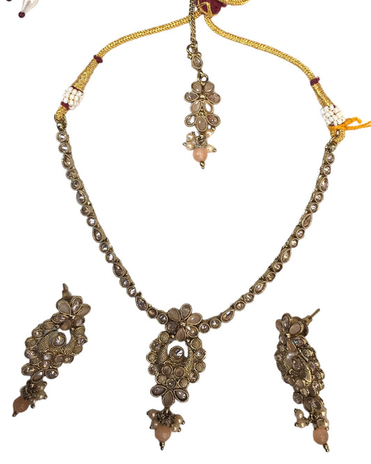 Peach - Small Size Antique Gold Finish Necklace Set with Earrings - SLV45 Ap 0424 - Prachy Creations