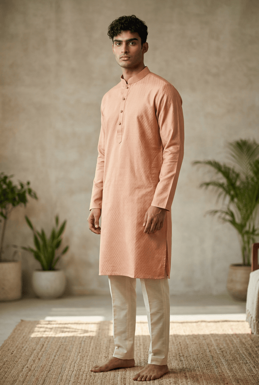 Peach - Soft Cotton Self Woven Mens Kurta Set - Perfect under a Waistcoat - Sangeet Mehendi Haldi - KCS1263 03KJ26 - Prachy Creations