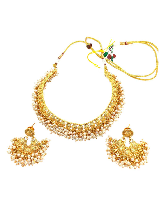 Pearl / Gold - Medium Size Gold Finish Necklace Set with Earrings - Bollywood - AE2515 08C25 - Prachy Creations