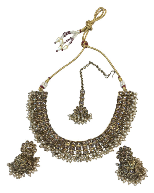Pearl / Gold /. Neutral - Medium Size Antique Gold Finish Necklace Set with Earrings - PRI1786 11H24 - Prachy Creations