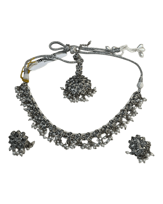 Pearl - Medium Size Silver Finish Necklace Set with Earrings & Head Piece - RAK436 04A26 - Prachy Creations