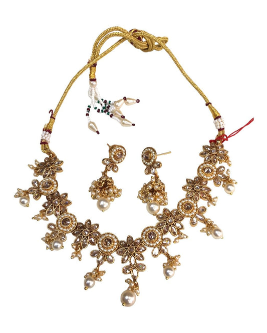 Pearl / Neutral / Gold - Medium Size Necklace Set with Earrings - SLV12KT 0822 - Prachy Creations