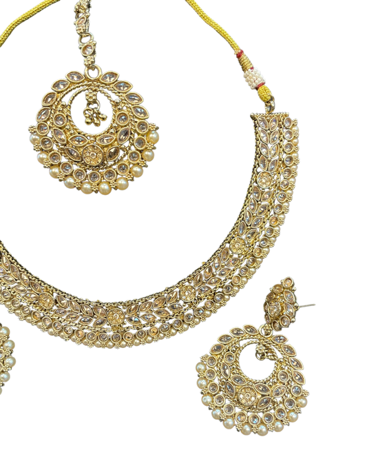 Pearl / Neutral - Medium Size Antique Gold Finish Necklace Set with Earrings - SJ07 08KY25 - Prachy Creations