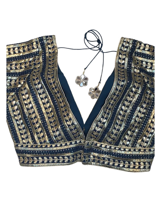 Petrol Blue - Fully Embroidered Low Front and Back Gota Patti Saree / Lehenga blouse - 36" Bust (UK 10) Can be let out to size 14 - B214 01KP25 - Prachy Creations