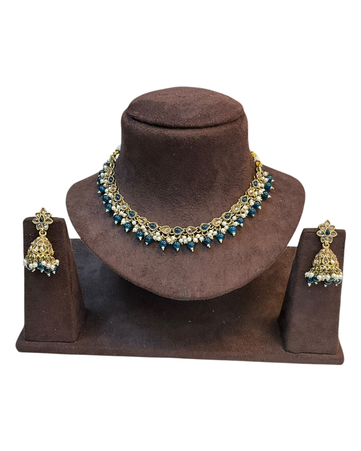 Petrol Blue - Medium Size Antique Gold Finish Necklace Set with Earrings - RAK375 Pp - Prachy Creations