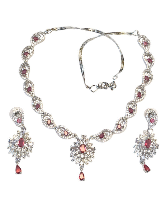 Pink - American Diamond Style Silver Finish Small Size Necklace Set with Earrings - AE2421 11R24 - Prachy Creations