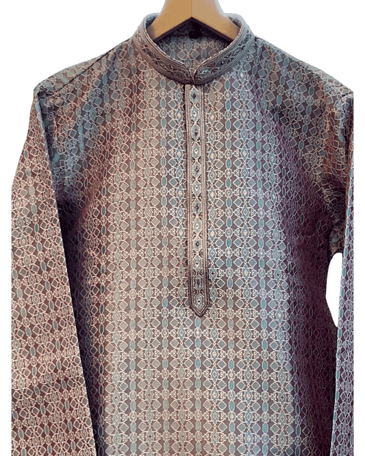 Pink and Sea Green - Banarasi Handloom Brocade Mens Indian Kurta set with Trousers - UK Stock - Weddings / Walimas , Sangeet, Diwali, Eid, Mehndi / Henna - VEE2452 VR - Prachy Creations