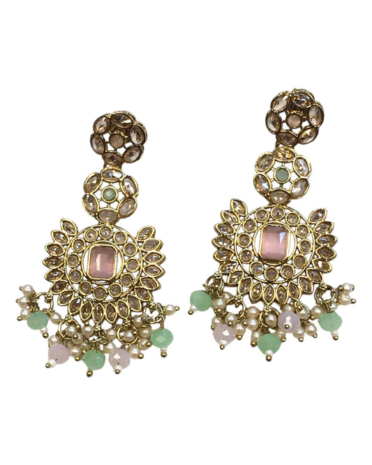 Pink and Sea Green - Large - Antique Gold Finish Traditional Earrings - Bollywood - Weddings - PRI1773 11Tp24 - Prachy Creations