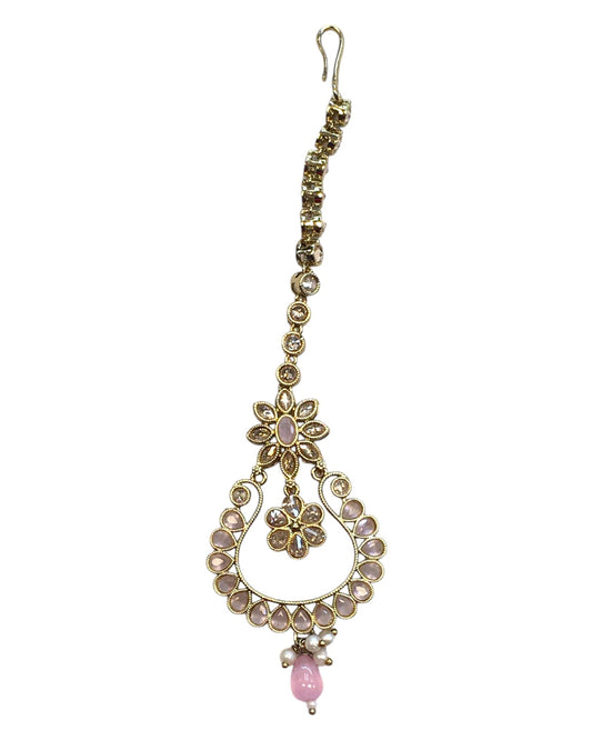 Pink - Antique Gold Finish Large Size Tika Head Piece - Indian Ladies Fashion Jewellery - AE2440 11T24 - Prachy Creations