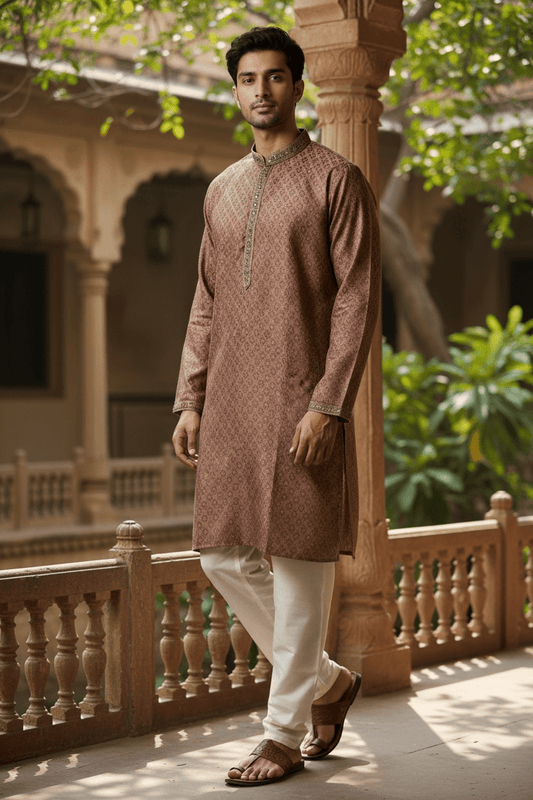 Pink - Banarasi Handloom Brocade Mens Indian Kurta set - UK Stock - Weddings / Walimas , Sangeet, Diwali, Eid, Mehndi / Henna - VEE2433 VR - Prachy Creations