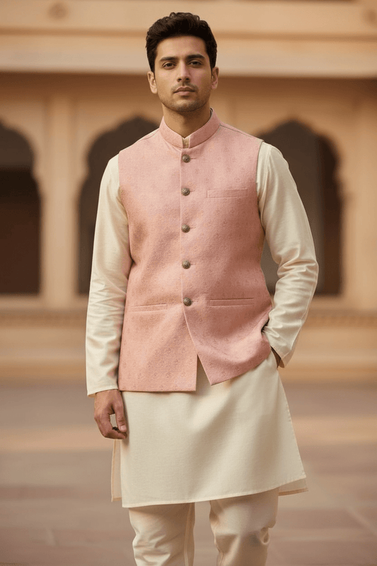 Pink - Banarasi Handloom Brocade Mens Waistcoat - UK Stock- Dispatch in 24 hrs - KCS241104 KK - Prachy Creations