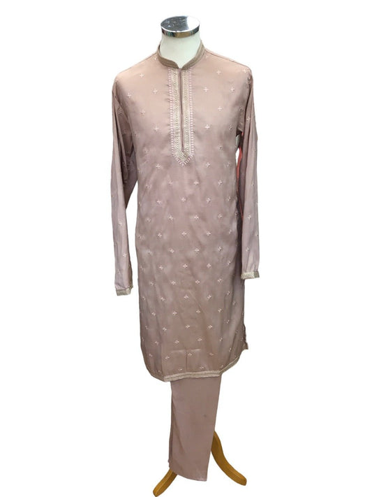 Pink - Cotton Silk Mens Kurta Set with Thread Embroidery- Sangeet Mehendi Haldi Weddings- KCS1041 VK 1123 - Prachy Creations
