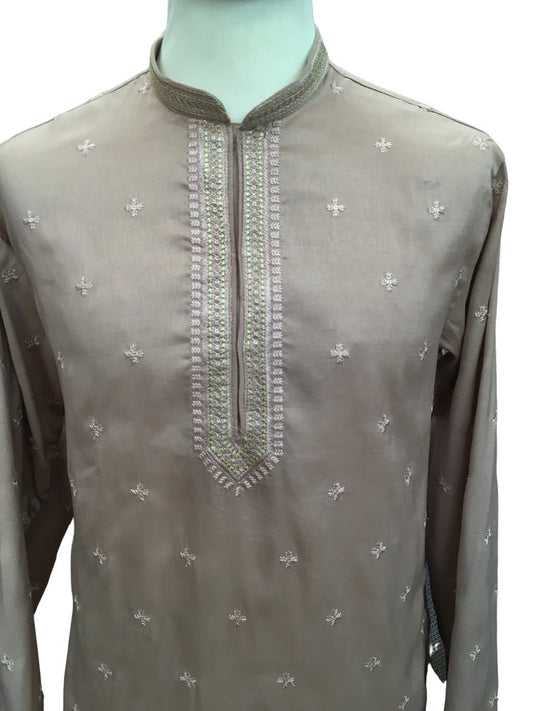 Pink - Cotton Silk Mens Kurta Set with Thread Embroidery- Sangeet Mehendi Haldi Weddings- KCS1041 VK 1123 - Prachy Creations