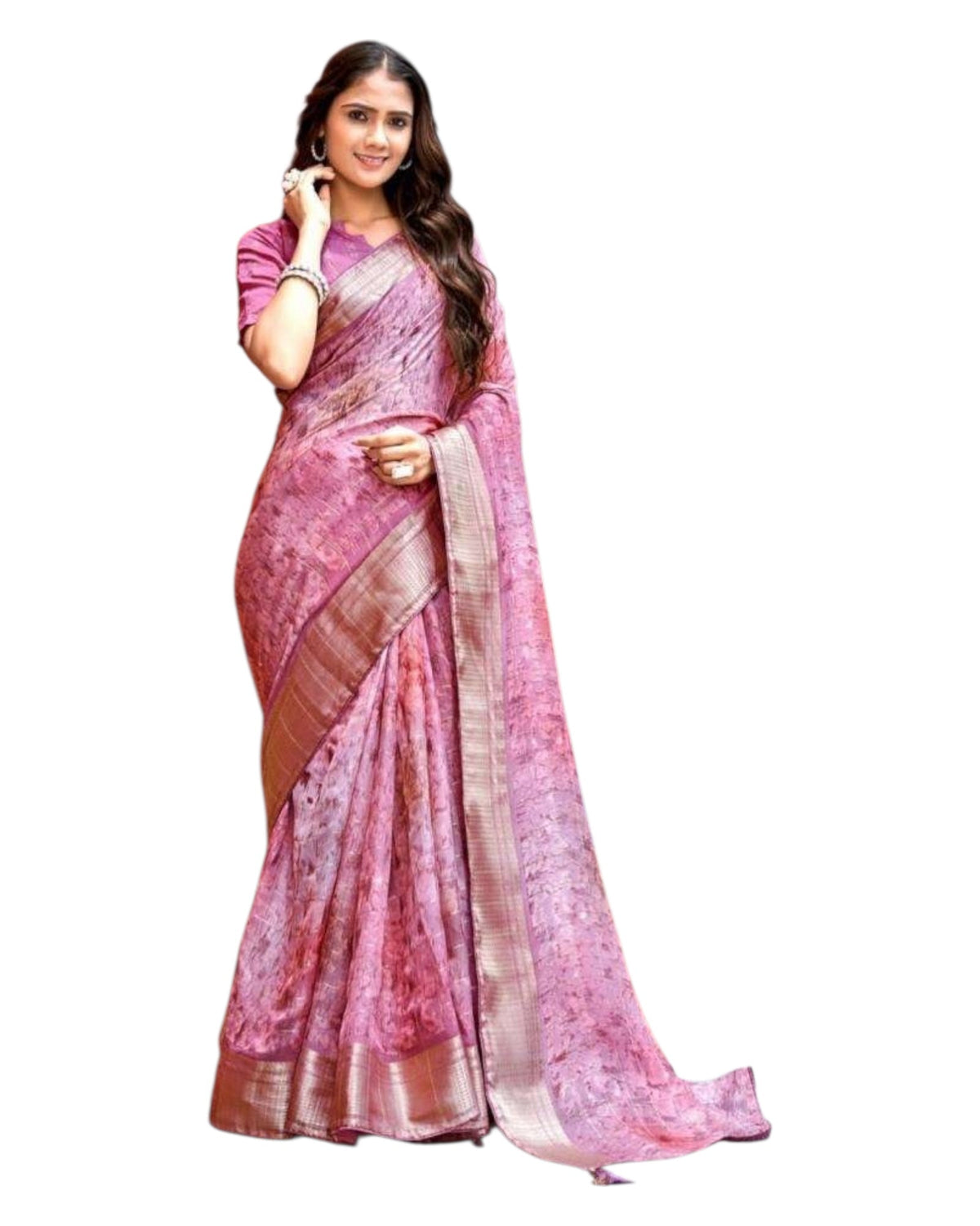 Pink - Crepe Printed Saree with Blouse Piece - KASVRI 107 10KK25 - Prachy Creations