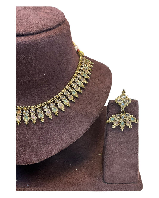 Pink & Green - Small Size Antique Gold Finish Necklace Set with Earrings - AE2501 A 0525 - Prachy Creations