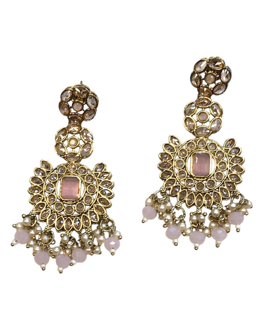Pink - Large - Antique Gold Finish Traditional Earrings - Bollywood - Weddings - PRI1773 11Tp24 - Prachy Creations