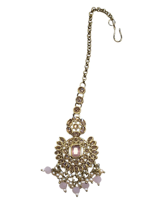 Pink - Large - Antique Gold Finish Traditional Tika Head piece - Bollywood - Weddings - PRI1773 11V24 - Prachy Creations