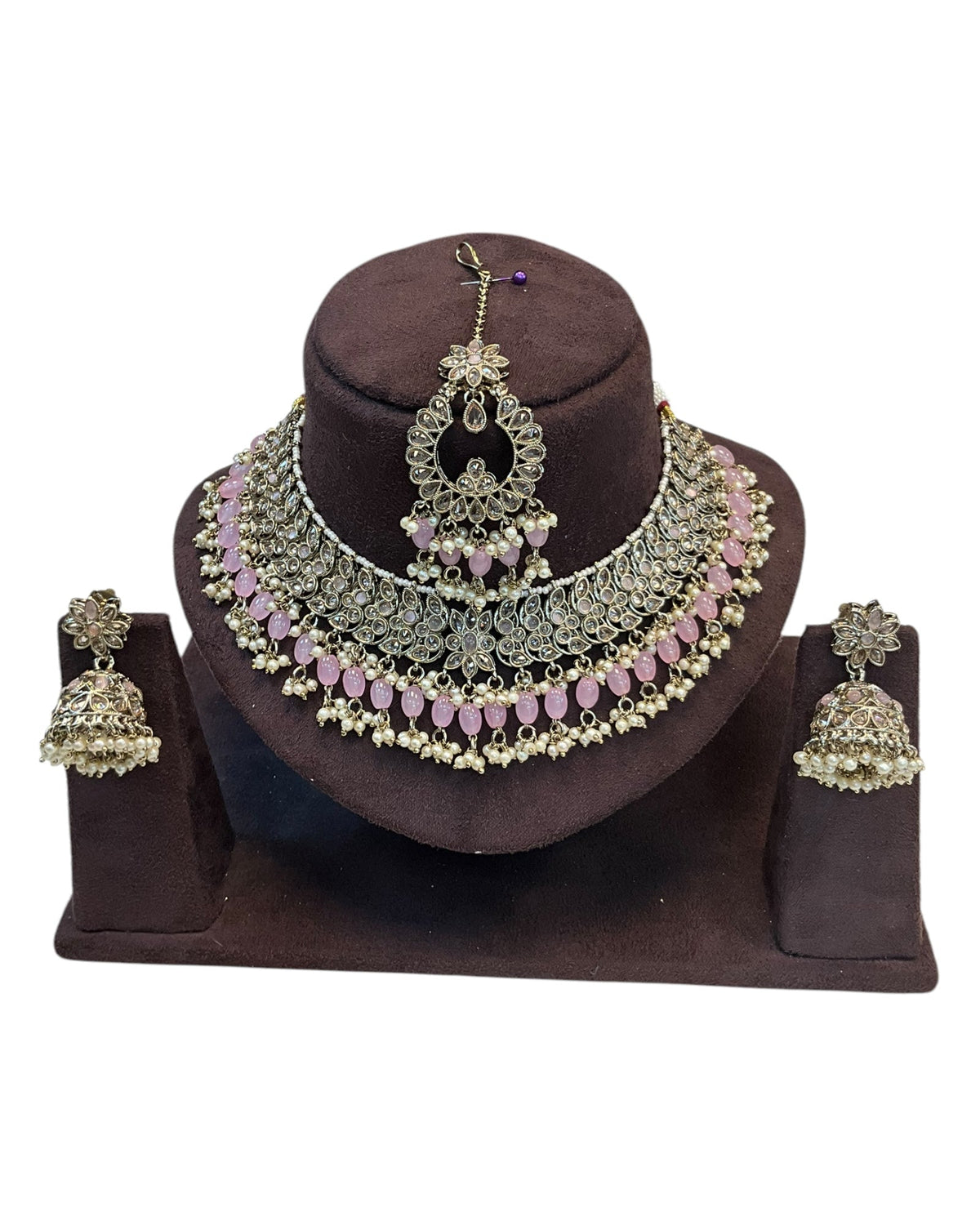 Pink - Large Size Antique Gold Finish Necklace Set with Earrings & Tika Head piece - GGA07 KT 0525 - Prachy Creations