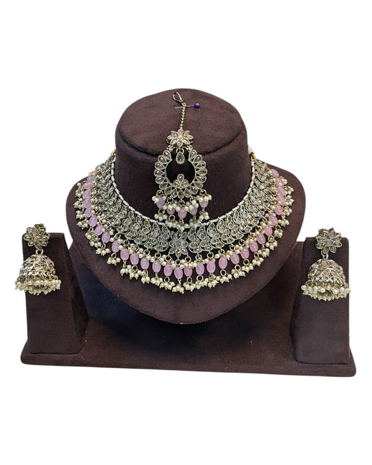 Pink - Large Size Antique Gold Finish Necklace Set with Earrings & Tika Head piece - GGA07 KT 0525 - Prachy Creations