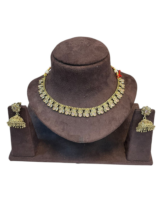 Pink - Medium Size Antique Gold Finish Necklace Set - AE2508 H 0525 - Prachy Creations