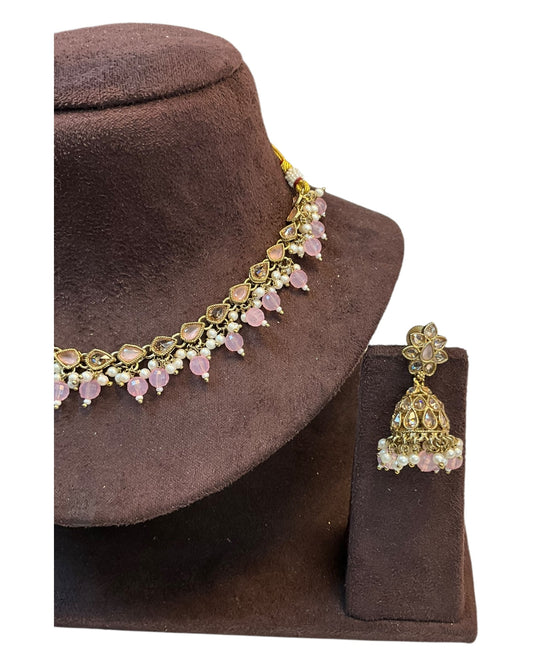 Pink - Medium Size Antique Gold Finish Necklace Set with Earrings - RAK375 Pp - Prachy Creations