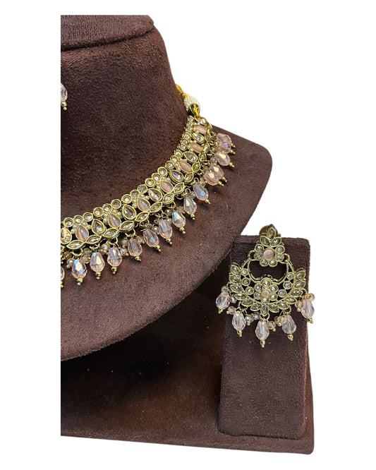 Pink - Medium Size Antique Gold Finish Necklace Set with Earrings - RZ31 KYp - Prachy Creations