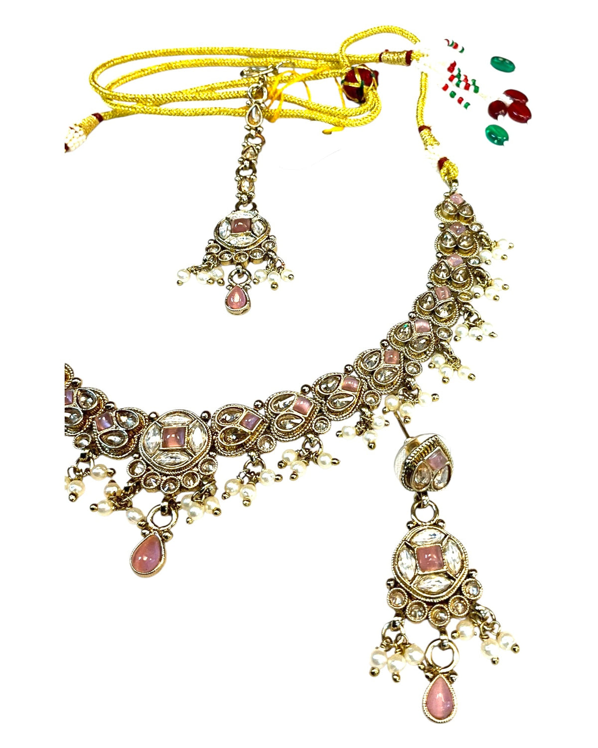 Pink - Medium Size Antique Gold Finish Necklace Set with Earrings & Tika Head piece - SAJ04 08C25 - Prachy Creations