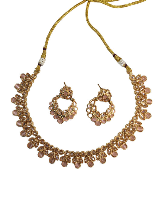 Pink - Medium Size Gold Finish Necklace Set with Earrings - TOH2402 Cp 0424 - Prachy Creations