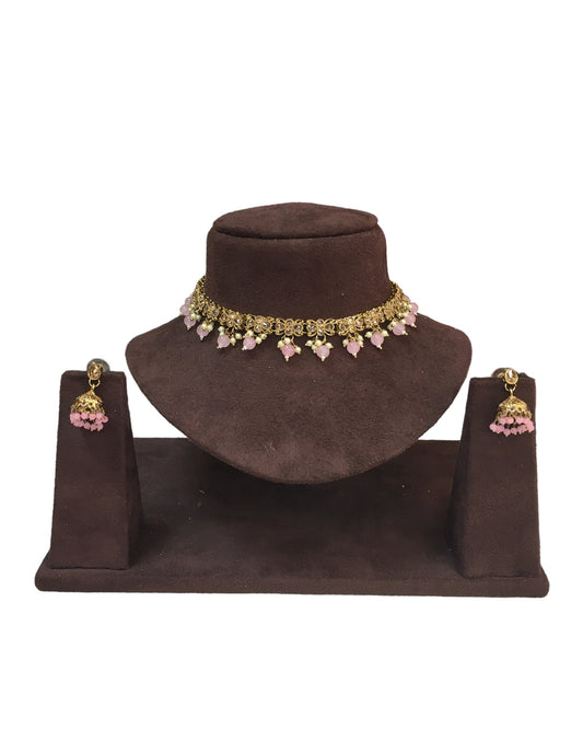 Pink - Small Size Antique Gold Finish Necklace Set with Earrings - VJY402 A 0424 - Prachy Creations