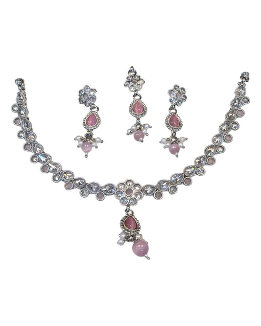 Pink - Small Size Silver Finish Necklace Set with Earrings & Head Piece /Tika- SLV78 11Ap24 - Prachy Creations