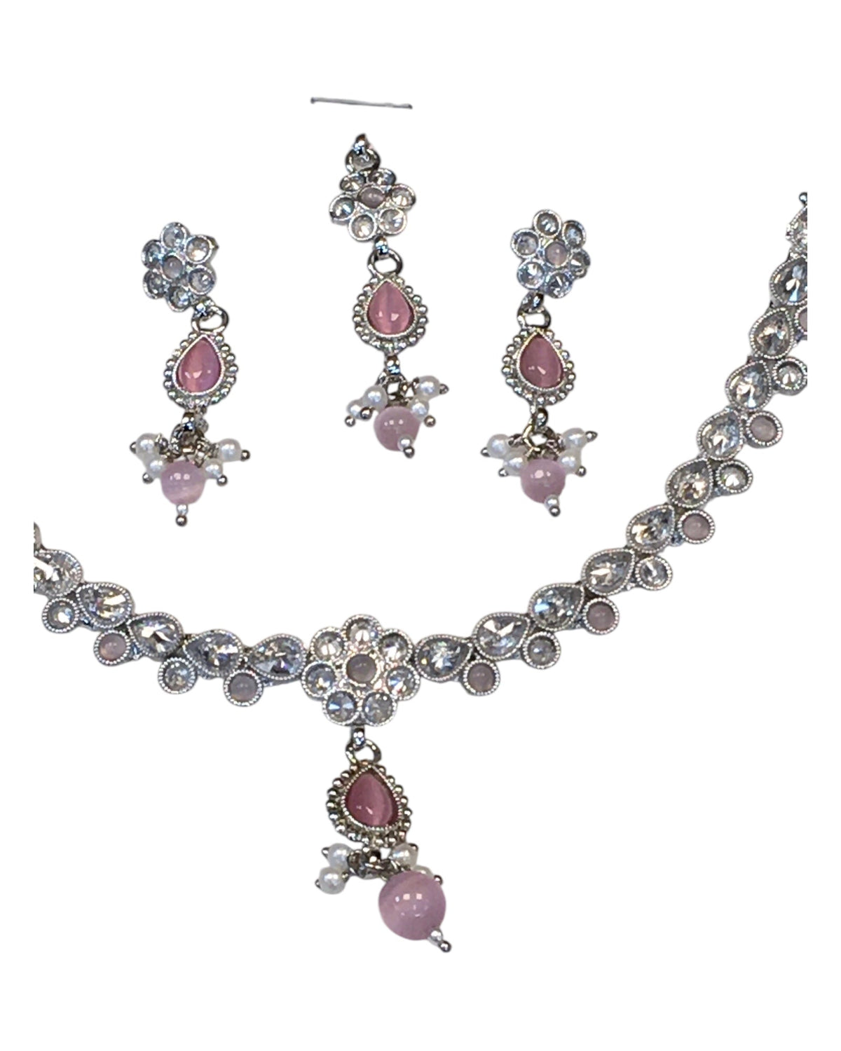Pink - Small Size Silver Finish Necklace Set with Earrings & Head Piece /Tika- SLV78 11Ap24 - Prachy Creations