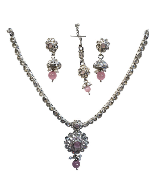 Pink - Small Size Silver Finish Necklace Set with Earrings & Head Piece /Tika- SLV79 11A24 - Prachy Creations