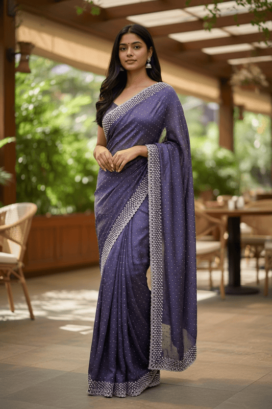 Plum / Purple - Satin Crepe - Party Wear Embroidered Saree with Blouse Piece - SP2504011 VP - Prachy Creations