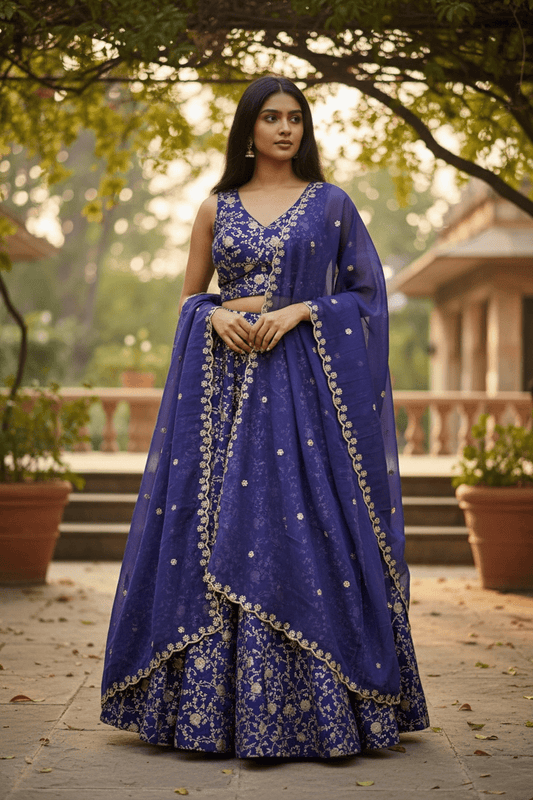 Purple - Banarasi Brocade Silky Lehenga Set - Mehndi / Sangeet / Bridesmaids / Weddings / Garba - Size UK 12 (38" Bust) Adjustable to Size 14 - UK Stock - 24h Dispatch - AF2601 02VP26 - Prachy Creations
